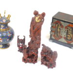 Lot Of Assorted Asian Style Miniatures, Asian Carved Wood Jewelry Box And Cloisonne Urn