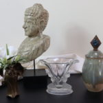 Lot Of Assorted Decorative Items With Carved Wood Buddha Head And Vase In The Style Of Lalique