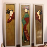 3 Large Asian Handpainted Wood Panels