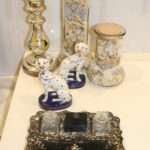Mother Of Pearl Inkwell, Staffordshire Porcelain Dogs And Candlestick. Jars With Cork Tops