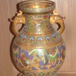 Oversized Brass And Cloisonné Vase With Elephant Head/task Handles