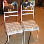 Pair Of Metal Farm￼ Chairs With Black And White Plaid Seat Coverings