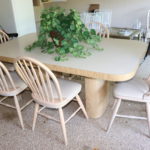 Formica Table With Double Pedestal And 6 Oak Round Back Chairs.
