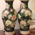 Pair Of 2 Chinese Black Floral Porcelain Vases On Rosewood Base