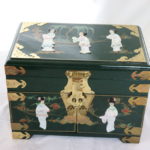 Large Green Asian Style Jewelry Box With Mother Of Pearl Design And Brass Hardware