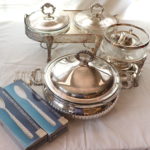 Lot Of Assorted Silverplate Buffet Style Serving Trays, Fondue Set With Snake Forks And Spoons