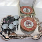 Tiffany & Company Floral Espresso Set With Silver Plate Tray And Big Cat Plate Set