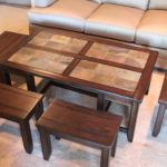 Wood And Stone Tile Coffee Table With 4 Stool Slide In Seats