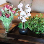 Lot Of Decorative Faux Plants With Wood Tray Includes Orchid Style Plant