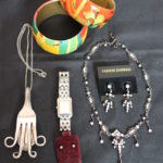 Women's Jewelry Lot Includes Matching Necklace & Earrings, Silver Fork Necklace, And Floral Cuff Bracelets
