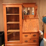 Vintage Wood Secretary Desk With Glass Cabinet, Drawers, And Mirror