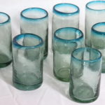 Set Of 8 Assorted Size Hand Blown Drinking Glasses With Blueish Green Tint