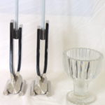 Pair Of Stainless Steel Candlesticks With Stamped Crystal Bowl
