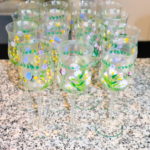 Lot Of 15 Floral Hand Painted Wine Glasses With Green Trim