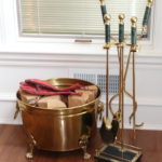 Brass Finished Fireplace Tool Set With Marble Handles And Decorative Metal Bucket
