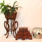 Vintage Wood Jewelry Box With Floral Garden Pot With Stamp And Plant Stand
