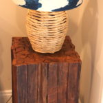 Large Block Wood Side Table With Wicker Lamp