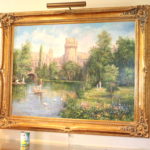Large Romantic Decorative Oil Painting Signed By Panther In Gold Frame