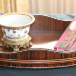Large Wood Tray And Decorative Ceramic Bowl On Brass Base With Drip Candles