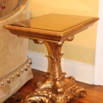Pink Beveled Glass Mirrored Top Side Table With Carved Wood Base