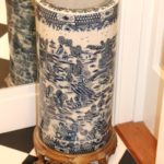 Blue And White Asian Design Umbrella Stand With Brass Finished Base