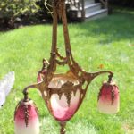 Art Nouveau 3 Light Bronze Chandelier With Pink Frosted Glass Needs Repair