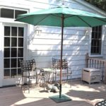 Two Outdoor Chairs By Brown Jordan With Table, Umbrella And Metal Garden Frog