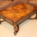 Theodore Alexander Burlwood Coffee Table With Detailed Carved Apron And 2 Drawers On Each Side