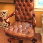 Chesterfield Style Leather Swivel Goose Neck Arm Chair Shows Wear Needs Repair