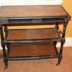 Vintage Rattan 3 Tier Table With Crackle Distressed Finish On Casters