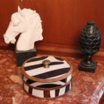 Maitland Smith Cow Hair Box With Zebra Pattern Marble Horse And Acorn Statue