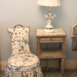 Antique Distressed Night Table With Marble Top, Cherub Lamp & Floral Upholstered Chair W/ Brass Handle