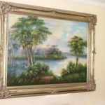 Large Oil Painting With Egrets In The Distance In Carved Silver Leaf Frame