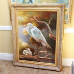 Large Signed Oil On Canvas Egret Birds In Decorative Gold Frame