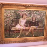 Oil Painting On Canvas " Girls Sitting On Bench" In Beautiful Gold Frame