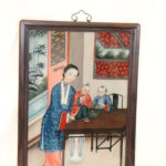Vintage Asian Style Painting On Reverse Glass, Woman With Children In Wood Frame