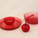 Signed Blown Glass Cherry By Carlsen With Cranberry Glass Serving Dish & Bowl