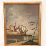 Vintage Oil On Canvas With Hammered Gold Frame, European Village By The Water
