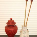 Vintage Chinese Cinnabar Urn With Stamped Japanese Porcelain Vase