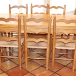 Pine Wood Farm Style Dining Room Table With 8 Pine Rush Ladder Back Chairs