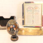 Hand Painted Wood Egg By A.M 1998, Brass Tray, Matzah Box And Framed Prayer