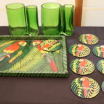 Hand Painted Wood Parrot Tray With Coasters And Green Glass Vases