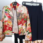 Silk Asian Floral Jacket With Gold Highlights By JS Collection Size 6 & Blue Skirt By Ivanka Trump Size 2