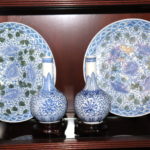Pair Of Blue Chinese Floral Plates With Vases On Stands