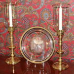 Pair Of Tall Brass Candle Hurricane Lamps With Decorative Glass Plate