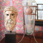 Decorative Greek Bronze Head On Wood Base With Plant Stand And Vase
