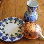 Decorative Hand Painted Blue Floral Plate With Delft Vase And Copper Strainer