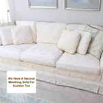 Off White Damask Sofa By Heritage With Decorative Pillows