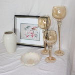 Silk Embroidered Chinese Bird Art With Lenox Vase And Wine Glass Candle Holders