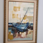 Dimon Signed Painting Ship At Seashore 1950's